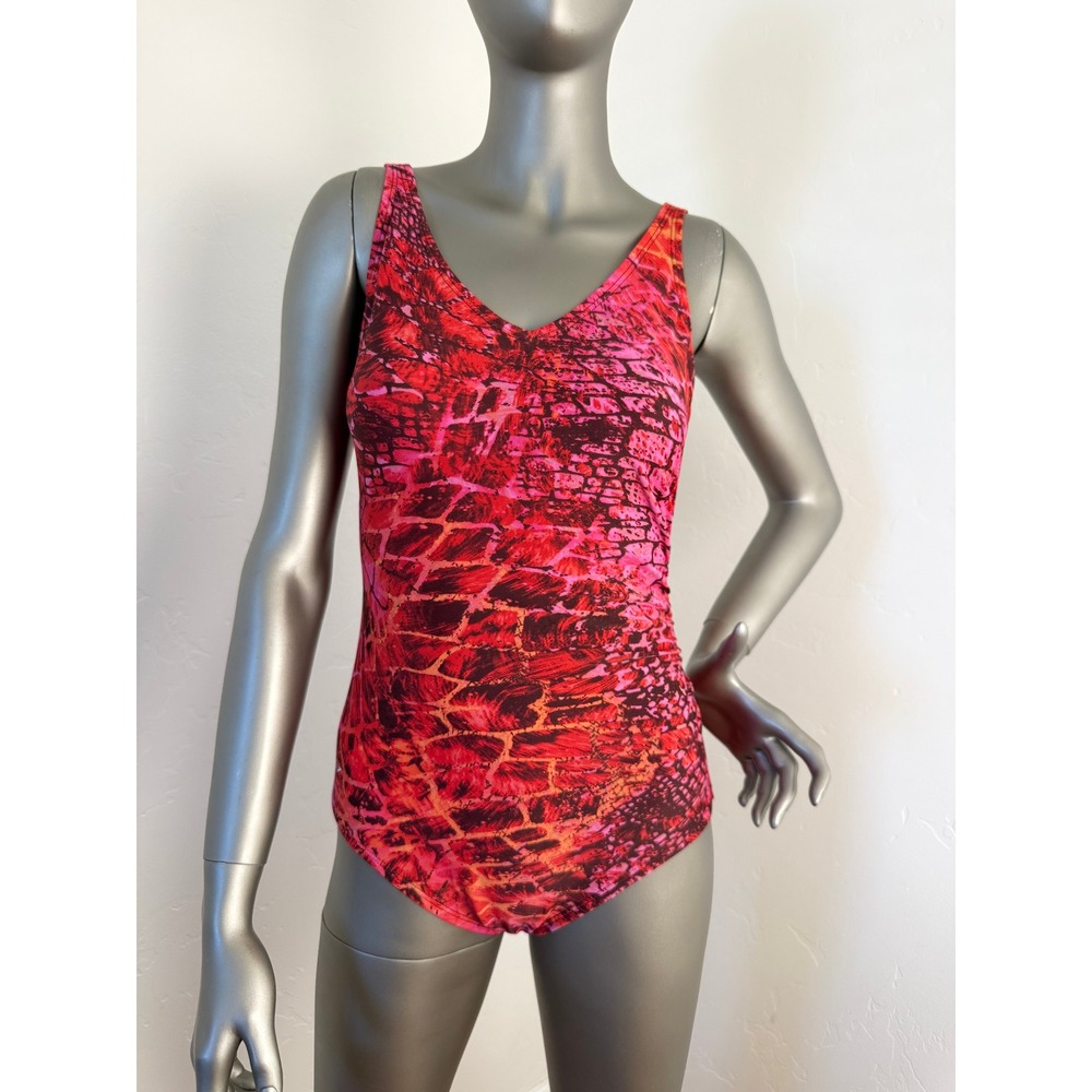 Speedo One-Piece Swimsuit Coral Red Pink Orange Reptile‎ Animal Print V-Neck